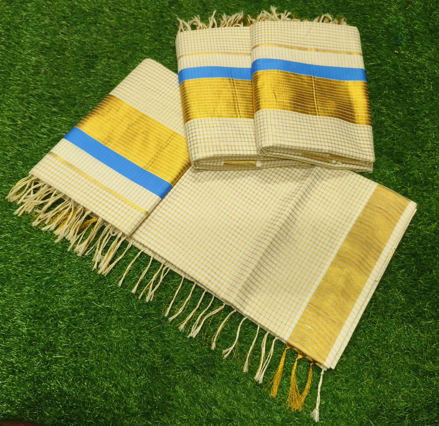 Golden tissue checkered setu saree