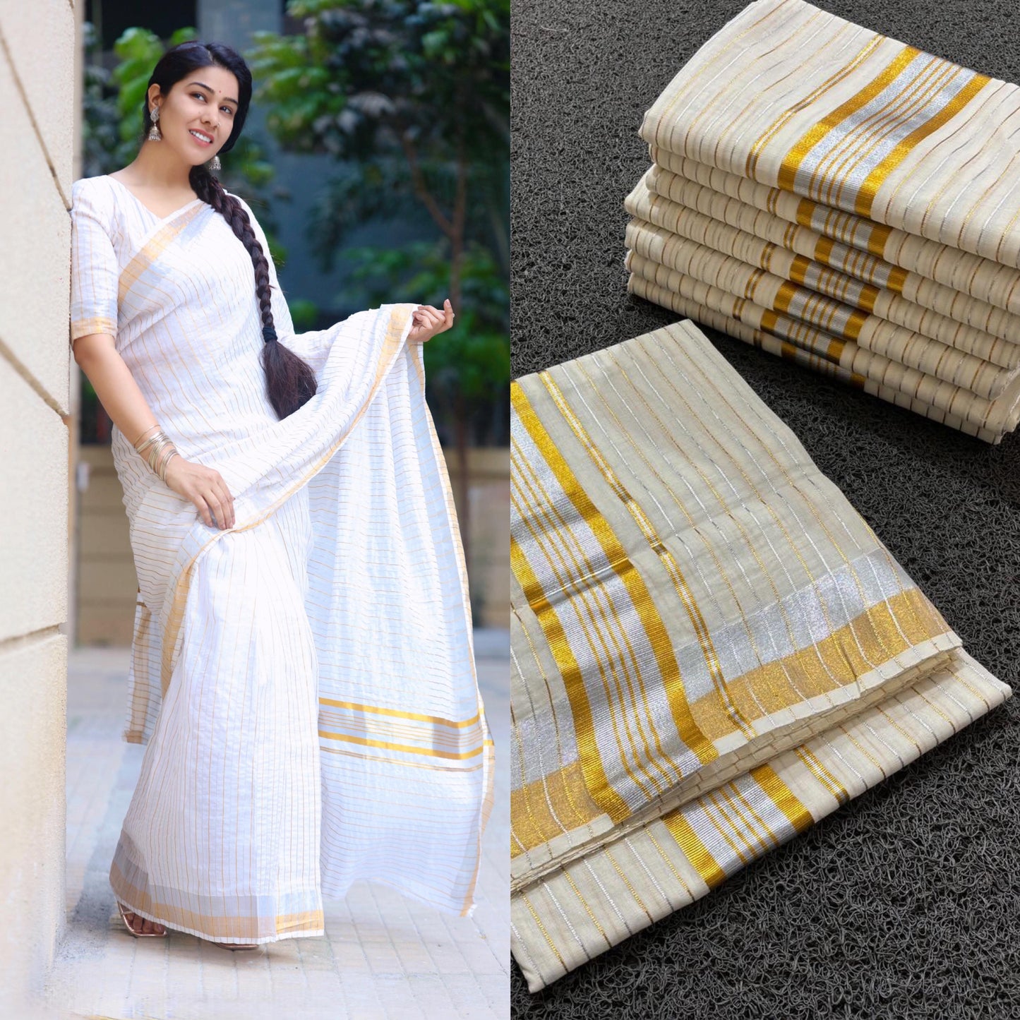 Silver gold cotton saree