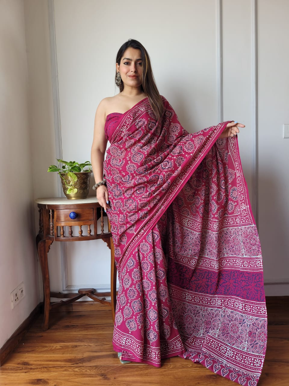 Handblock printed Pure Cotton Mulmul Saree