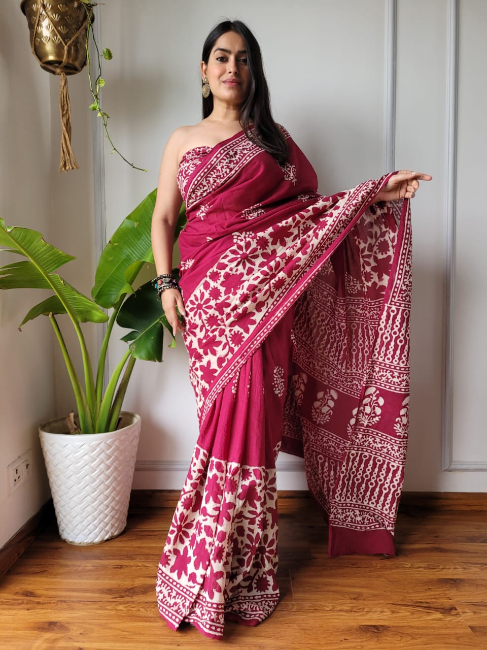 Handblock printed Pure Cotton Mulmul Saree
