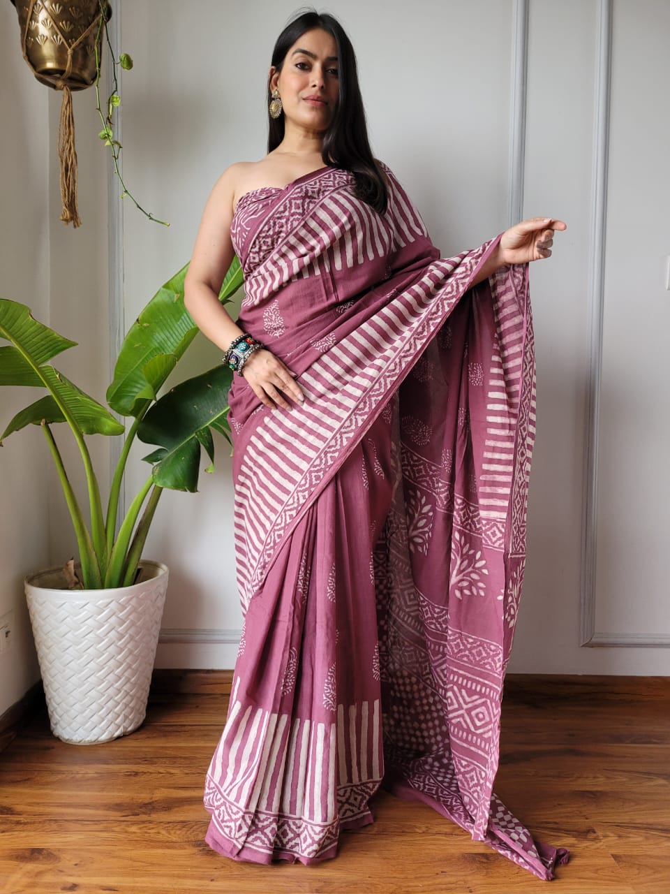 Handblock printed Pure Cotton Mulmul Saree
