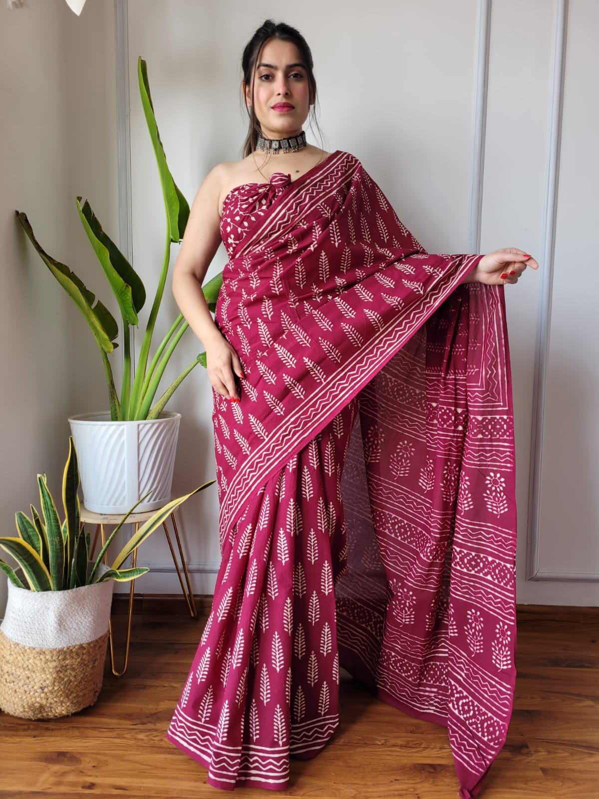 Handblock printed Pure Cotton Mulmul Saree
