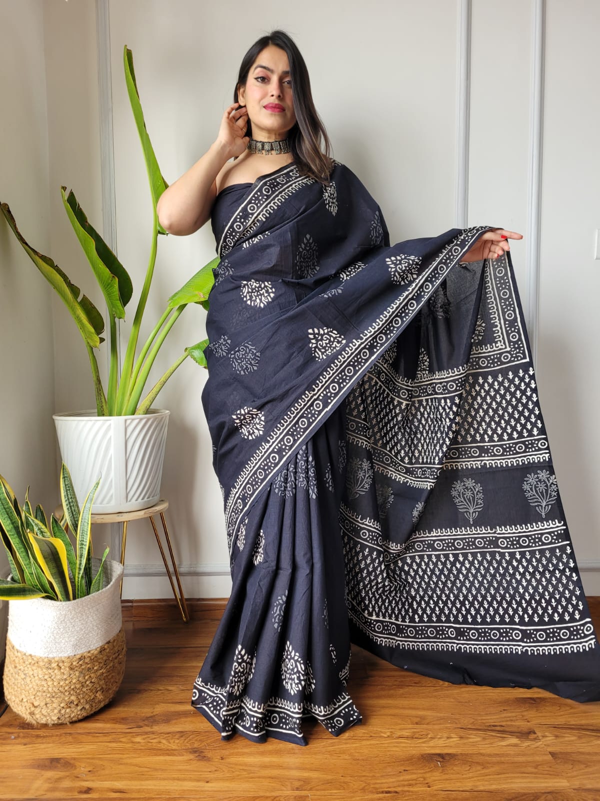 Handblock printed Pure Cotton Mulmul Saree