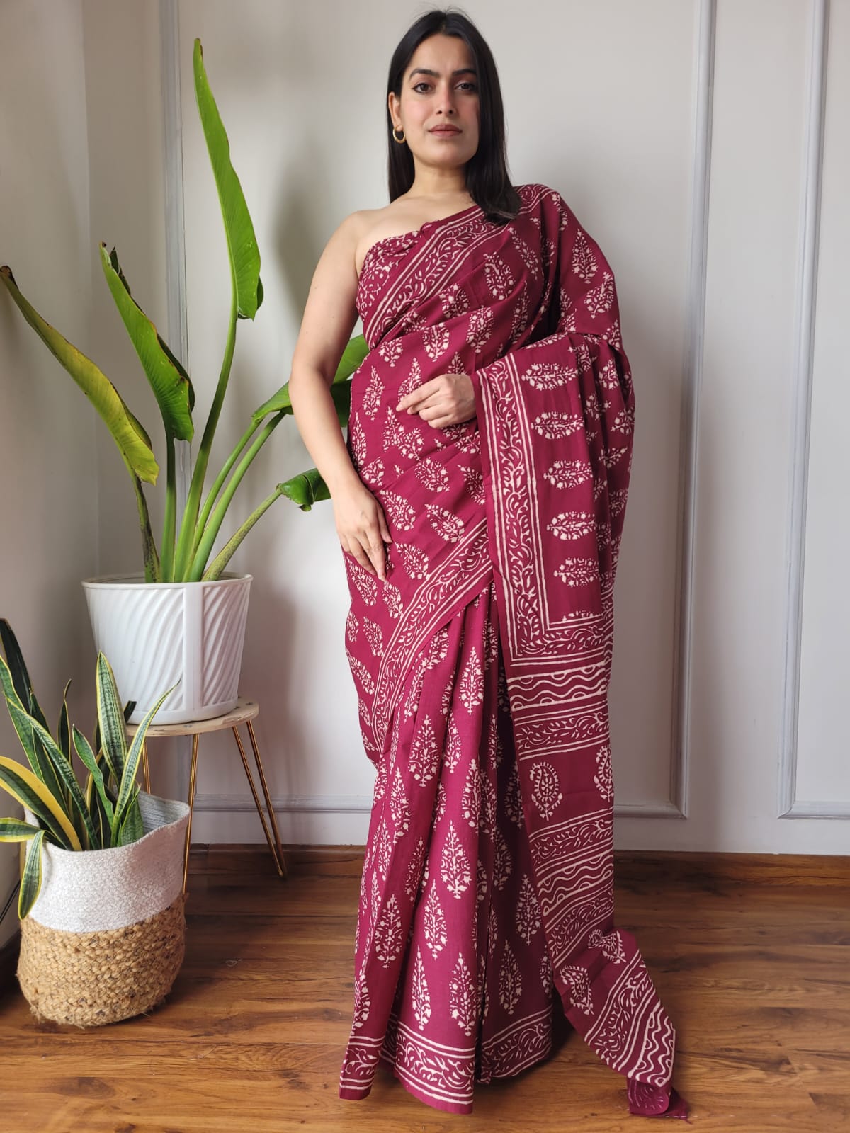 Handblock printed Pure Cotton Mulmul Saree