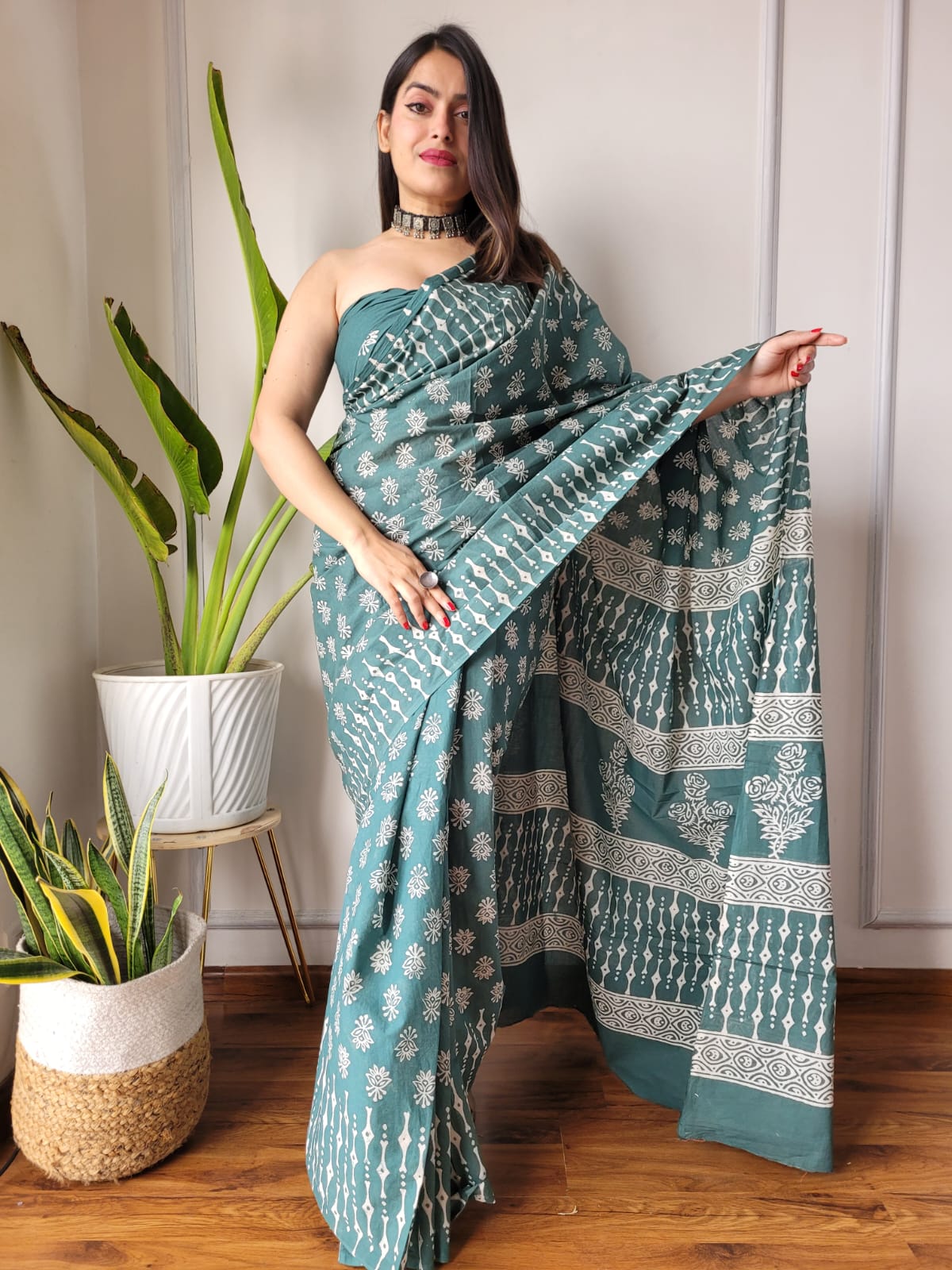 Handblock printed Pure Cotton Mulmul Saree