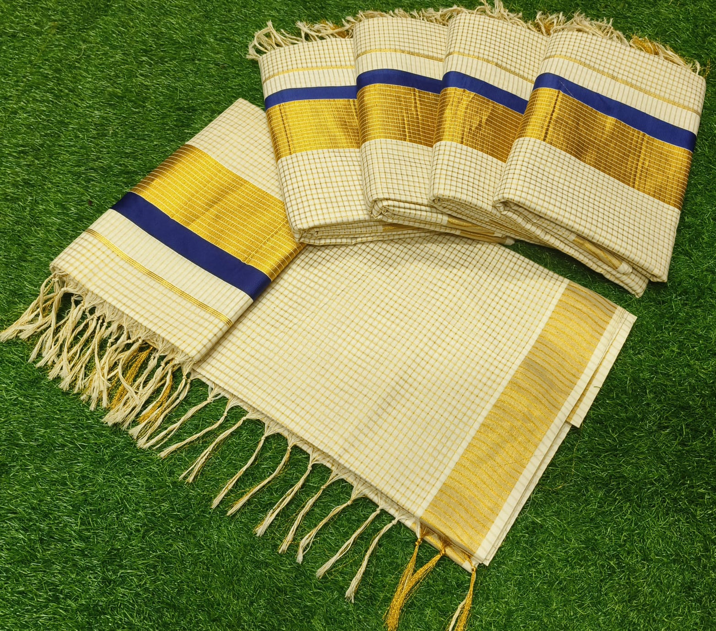 Golden tissue checkered setu saree