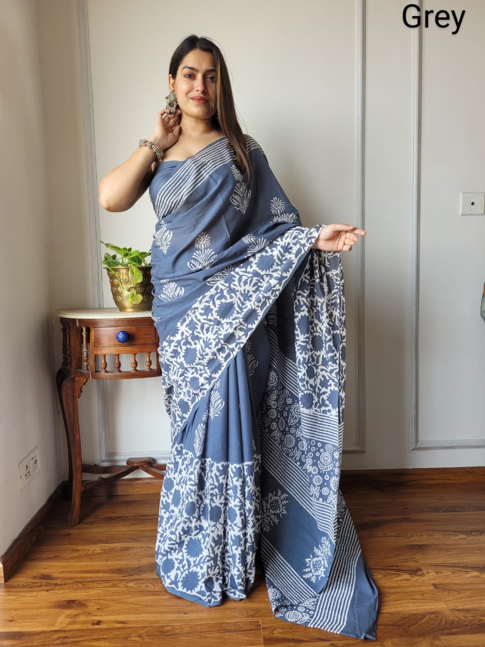 Handblock printed Pure Cotton Mulmul Saree