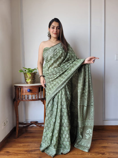 Handblock printed Pure Cotton Mulmul Saree