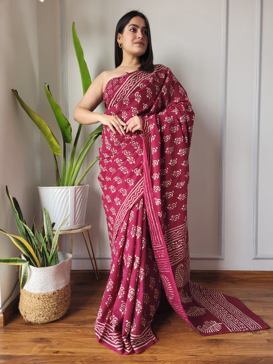 Handblock printed Pure Cotton Mulmul Saree
