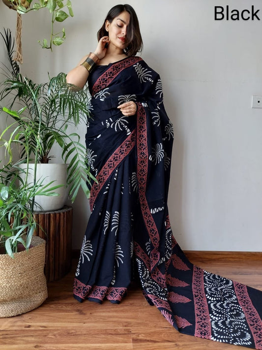 Handblock printed Pure Cotton Mulmul Saree