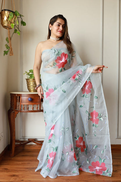 Pure Hand Painted Organza Saree