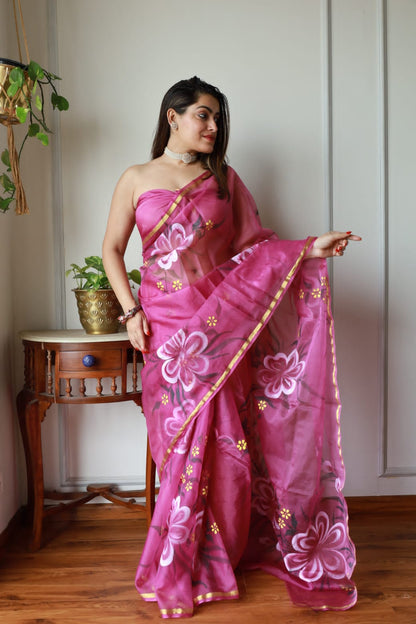 Pure Hand Painted Organza Saree