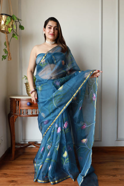 Pure Hand Painted Organza Saree