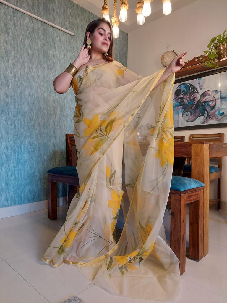 Pure Hand Painted Organza Saree