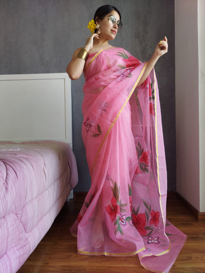 Pure Hand Painted Organza Saree