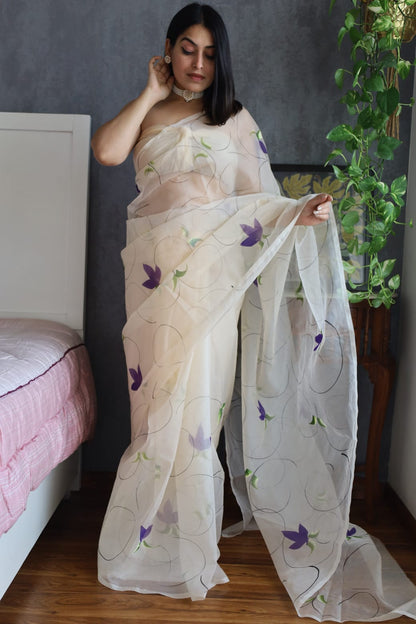 Pure Hand Painted Organza Saree