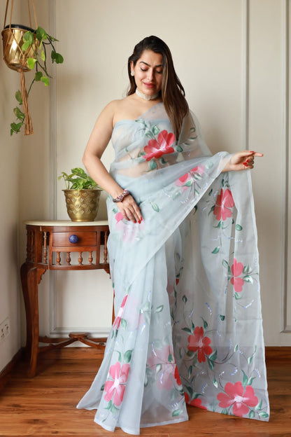Pure Hand Painted Organza Saree