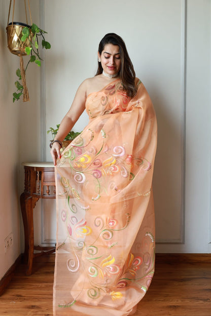 Pure Hand Painted Organza Saree