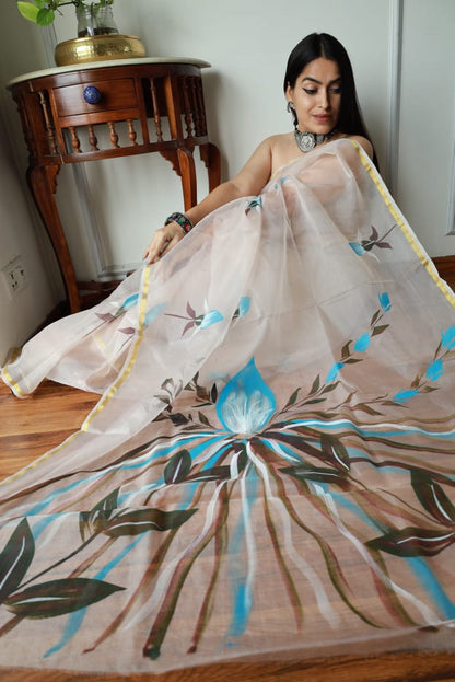 Pure Hand Painted Organza Saree
